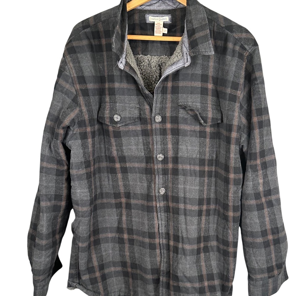 Carbon2Cobalt Mens Sherpa Lined Plaid Flannel Shirt Jacket Grey Brown LT 111154
